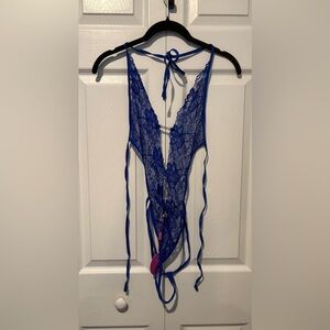 AVID LOVE Blue Lace Halter Bodysuit